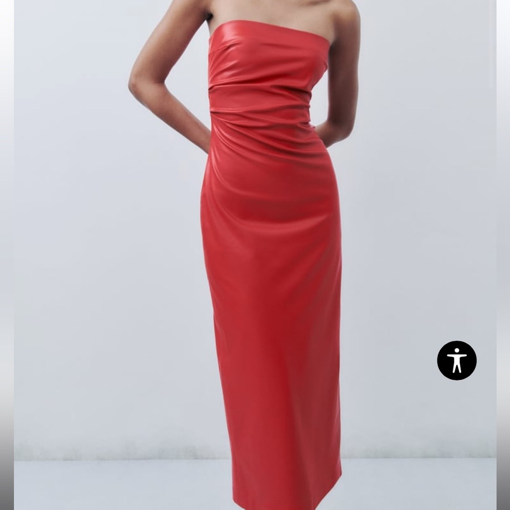 Zara Red Faux Leather Midi Dress